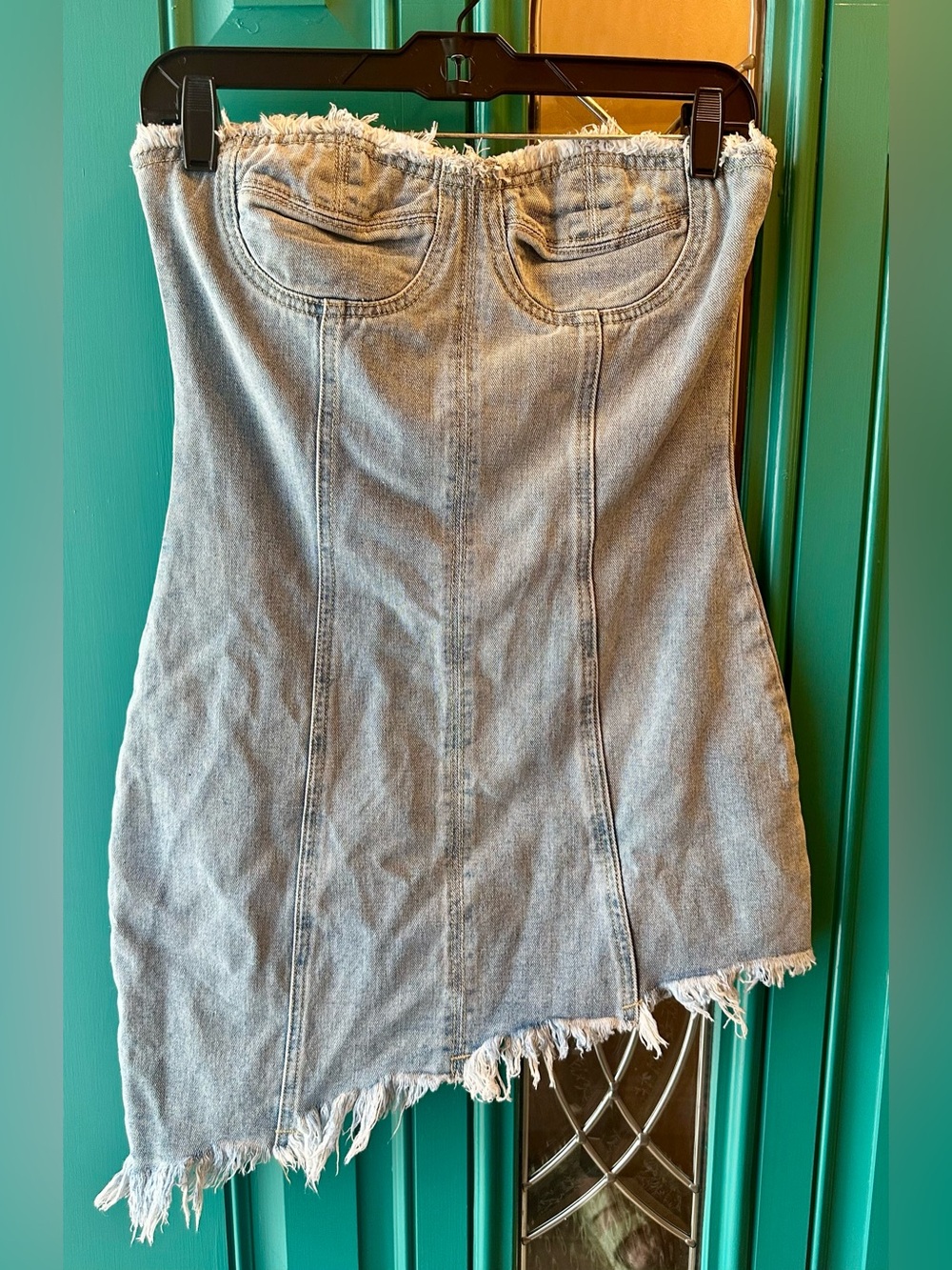 Cider Strapless Denim Corset Mini Dress Light Wash Asymmetrical Frayed Hem S